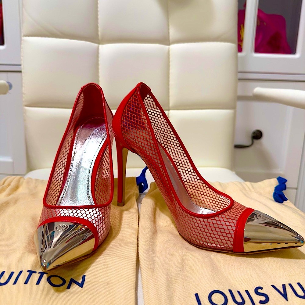 Louis Vuitton Red and Silver Mesh Heels